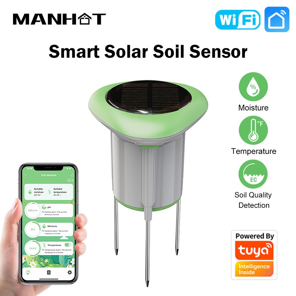 Smart Soil Sensor - MANHOT WLAN-Smart-Solar-Bodensensor 3-in-1 Temperatur-Feuchtigkeits-EC-Leitfähigkeitsmessgerät IP66 Wasserdicht